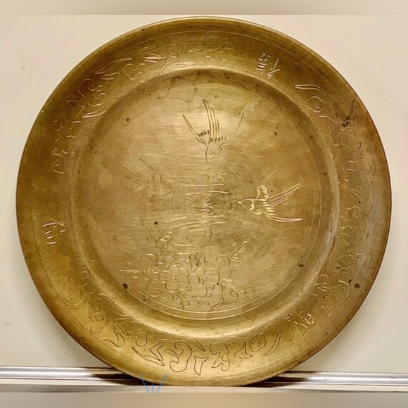 Vintage Oriental Asian Antique Solid Brass Etched Engraved Decorative Plate